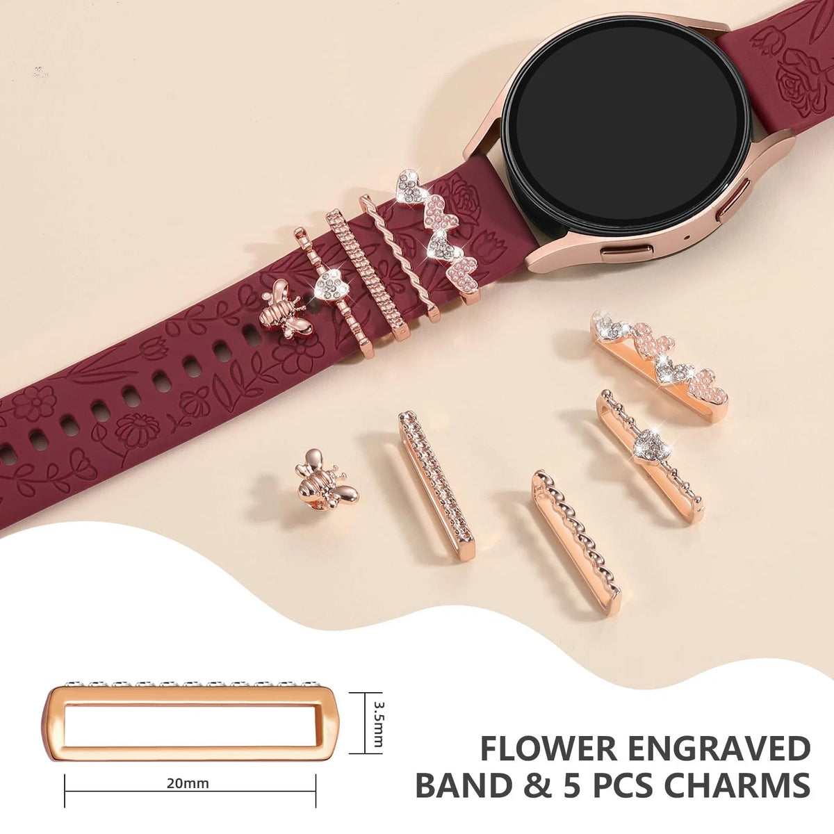 DaQin Flower Engraved Band Compatible with Samsung Galaxy 20mm, WineLove