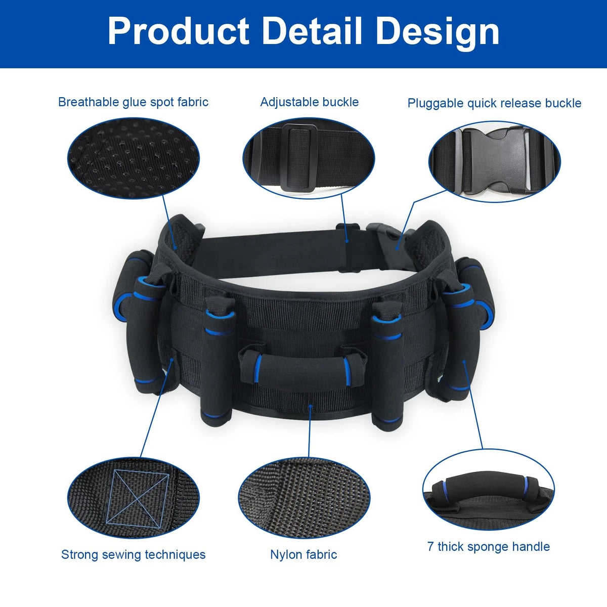Gait Belts Transfer Belt for Seniors with Handles, Gate 7 handles, Black