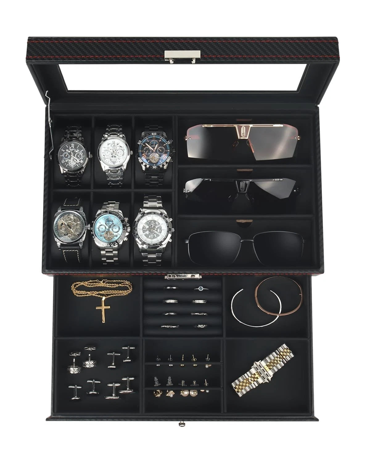 Kukikan Watch Jewelry Box Organizer, 6-Slot 2-Layer Case 6-slot, Black