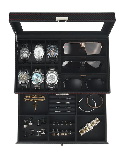 Kukikan Watch Jewelry Box Organizer, 6-Slot 2-Layer Case 6-slot, Black