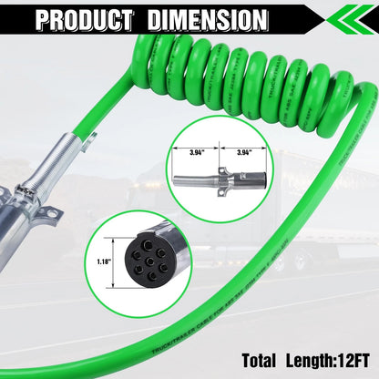 Ailbiuko 7 Way ABS Cord 12FT Green Coiled Pigtail Longtail