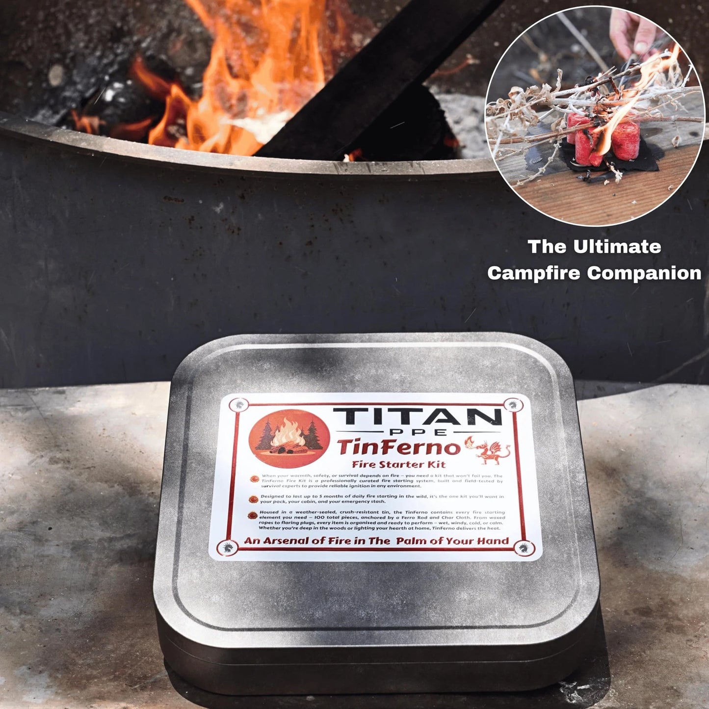 TinFerno Fire Starting Kit – 100pc Starter for Campfires, Large, Black