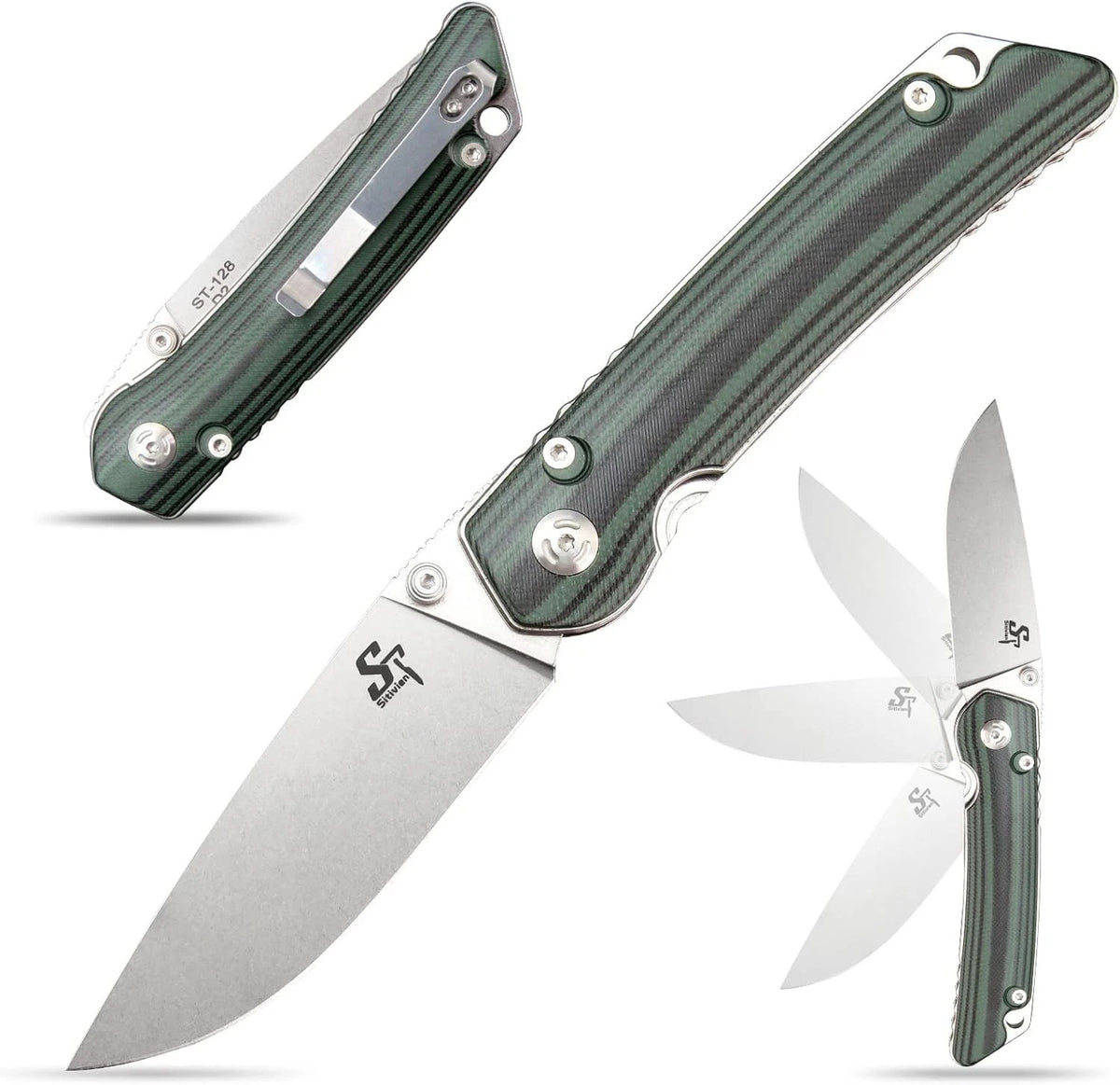Sitivien ST128 Folding Knife,D2 Blade G10 Handle Safety Liner Lock EDC Green