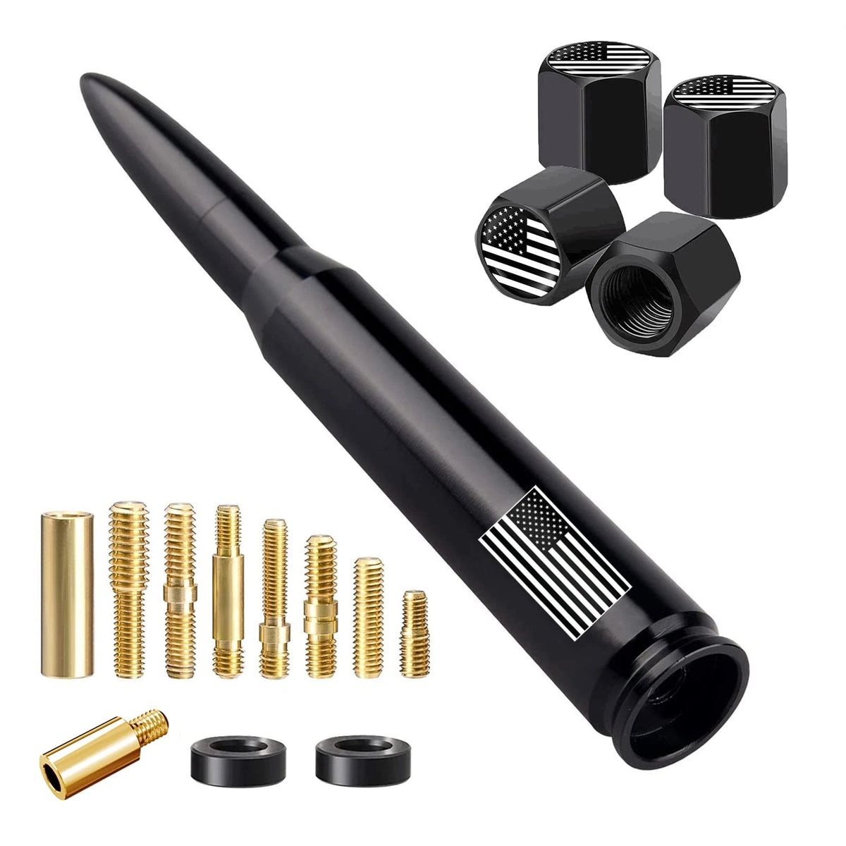 American Flag Car Truck Antenna with Valve Stem Caps, 5.5 inch, Black