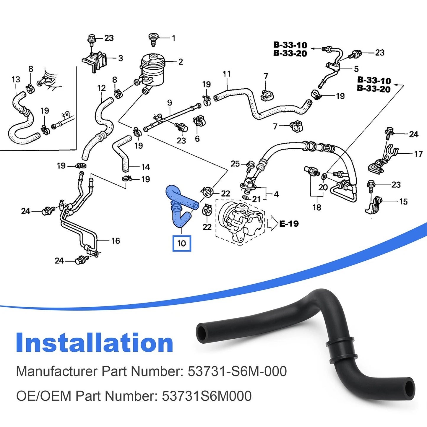 Power Steering Reservoir Tube Hose 53731-S6M-000 Compatible with Acura RSX 02-06