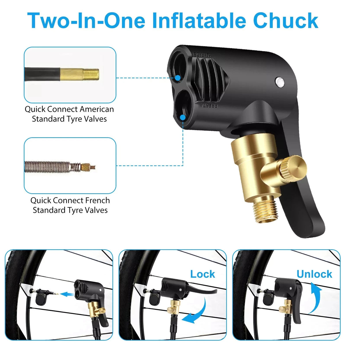 2PCS 2-in-1 Dual Head 7.8mm Male Thread Deflateable Air Chuck Accessories Tool