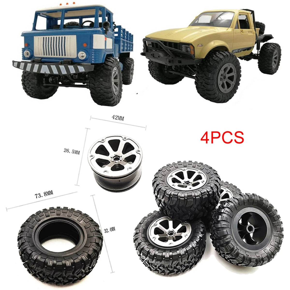 4x 73.8*32.4mm Rubber Wheel Tire Rim For WPL B16 B36 B-14 C14 1/16 RC Car Truck