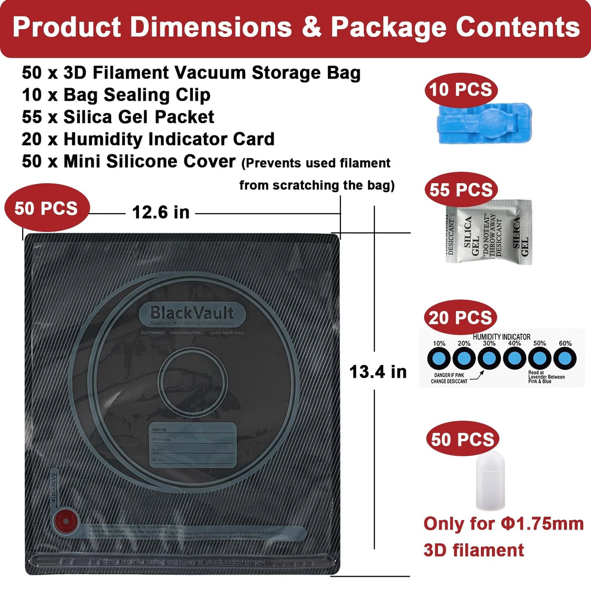50 PCS Filament Storage Bags, 3D Printer 12.6 x 13.4 in, Black-50 Pcs