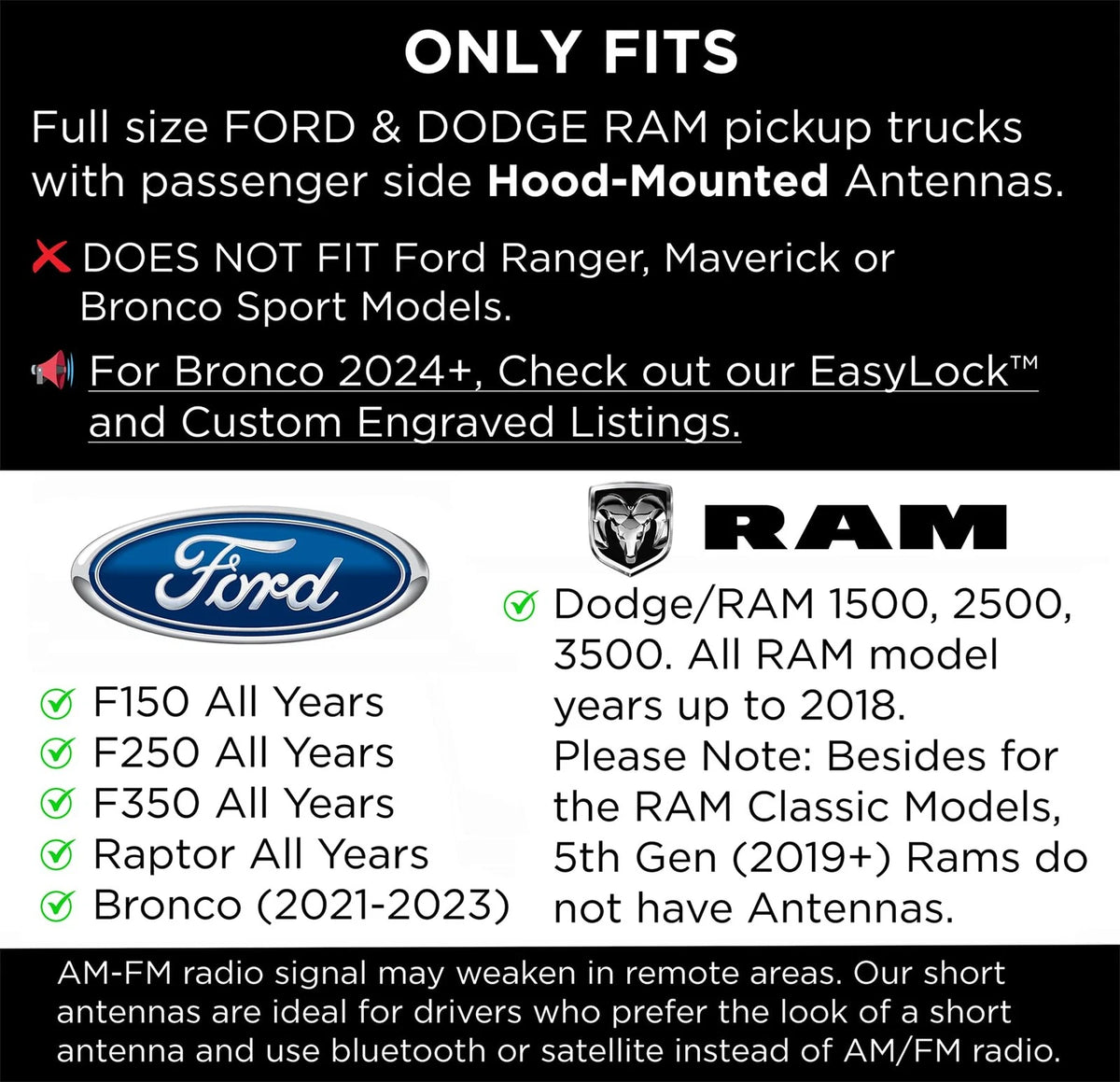 EcoAuto 50 Cal Bullet Antenna for Ford F150 F250 F350 & 50 CAL BULLET, Black