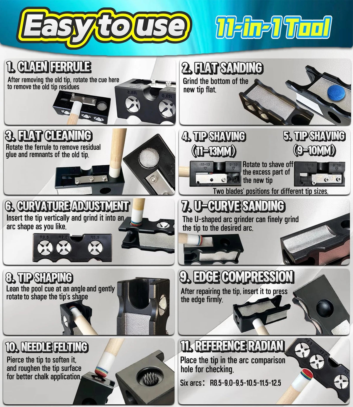 11-in-1 Pool Cue Tip Repair kit, Professional All-in-One pool stick 11 IN 1