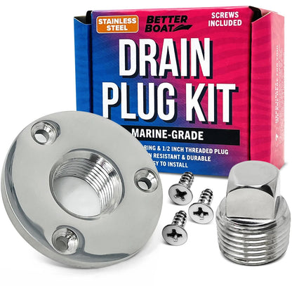 Stainless Steel Boat Drain Plug Kit, 1/2" Threaded Transom Plug, Silver