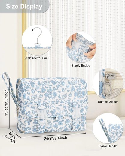 Relavel Small Hanging Toiletry Bag for Women, Floral Small, 01 Blue Flower