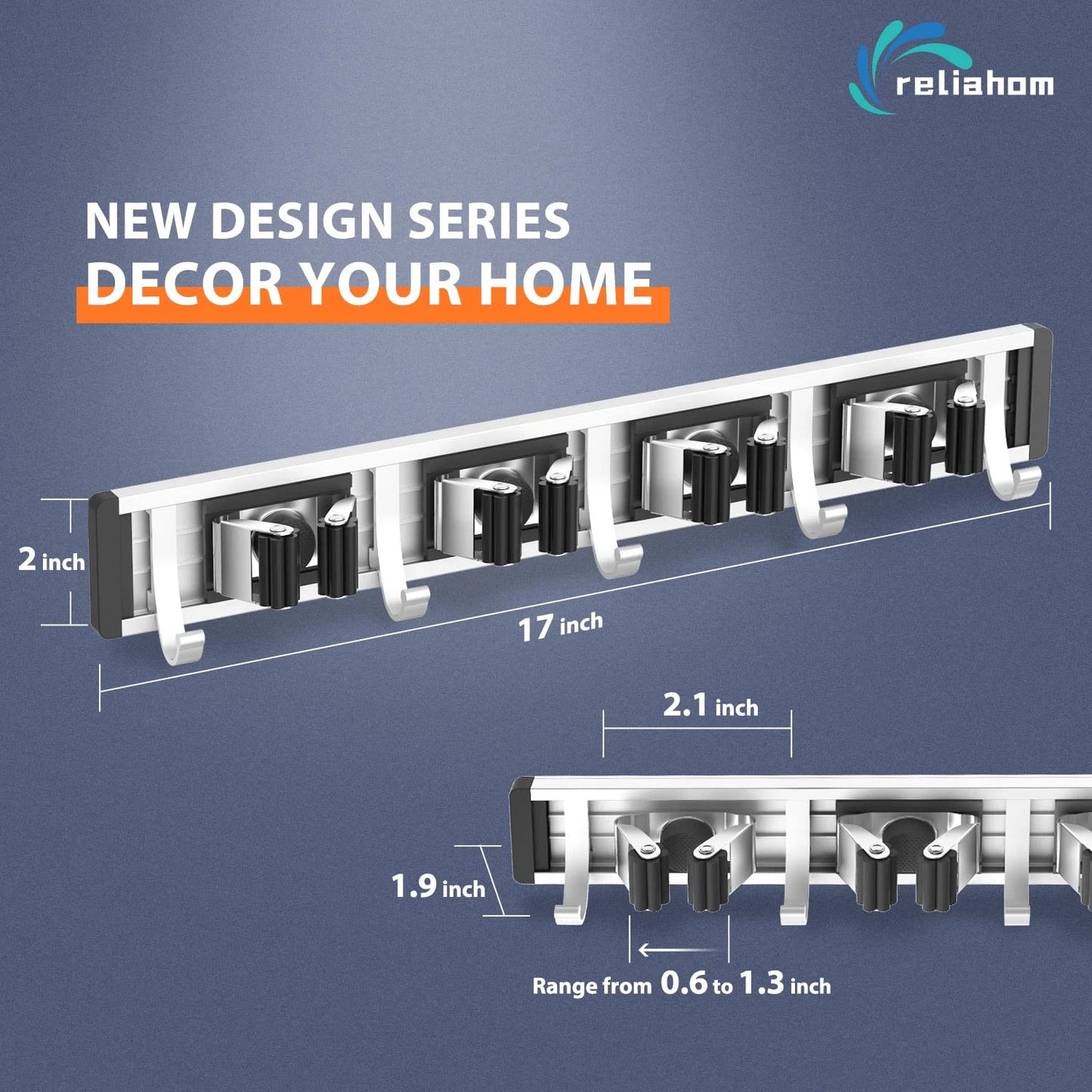 reliahom Broom Holder Wall Mount, 4 Racks with 5 Hooks 1 Pack 4R5H, Black