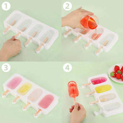 3 Set Popsicles Molds with Lids and 100 Pcs Wooden Standard Size, White