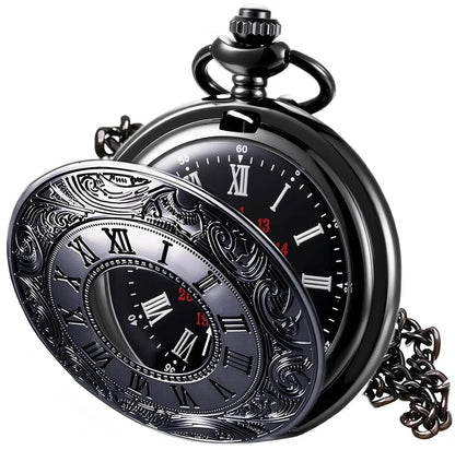 MJSCPHBJK Vintage Pocket Watch for Men Roman Numerals Scale Quartz Black