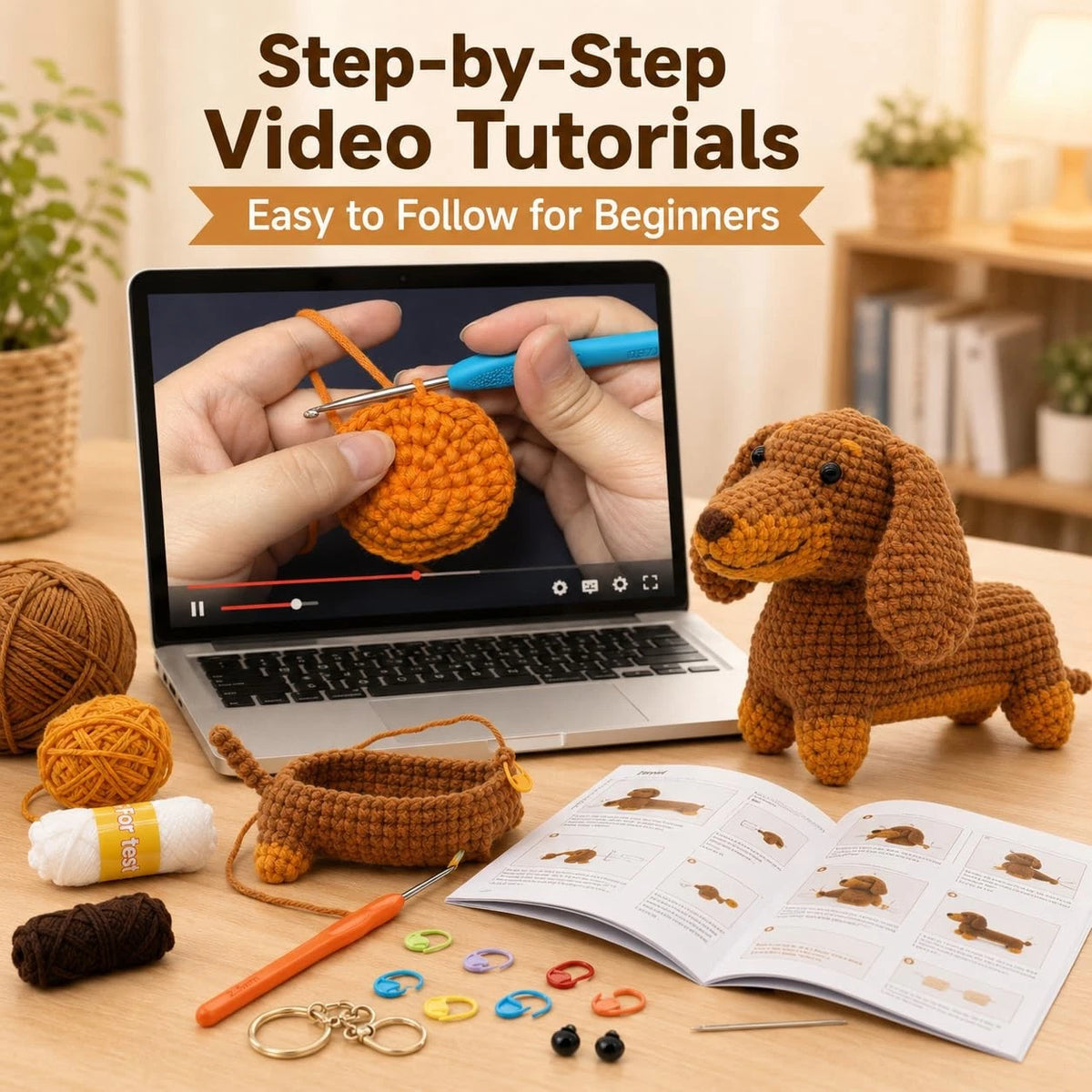 Nikolle Dachshund Crochet Kit for Beginners, Amigurumi Animal Dog, Brown