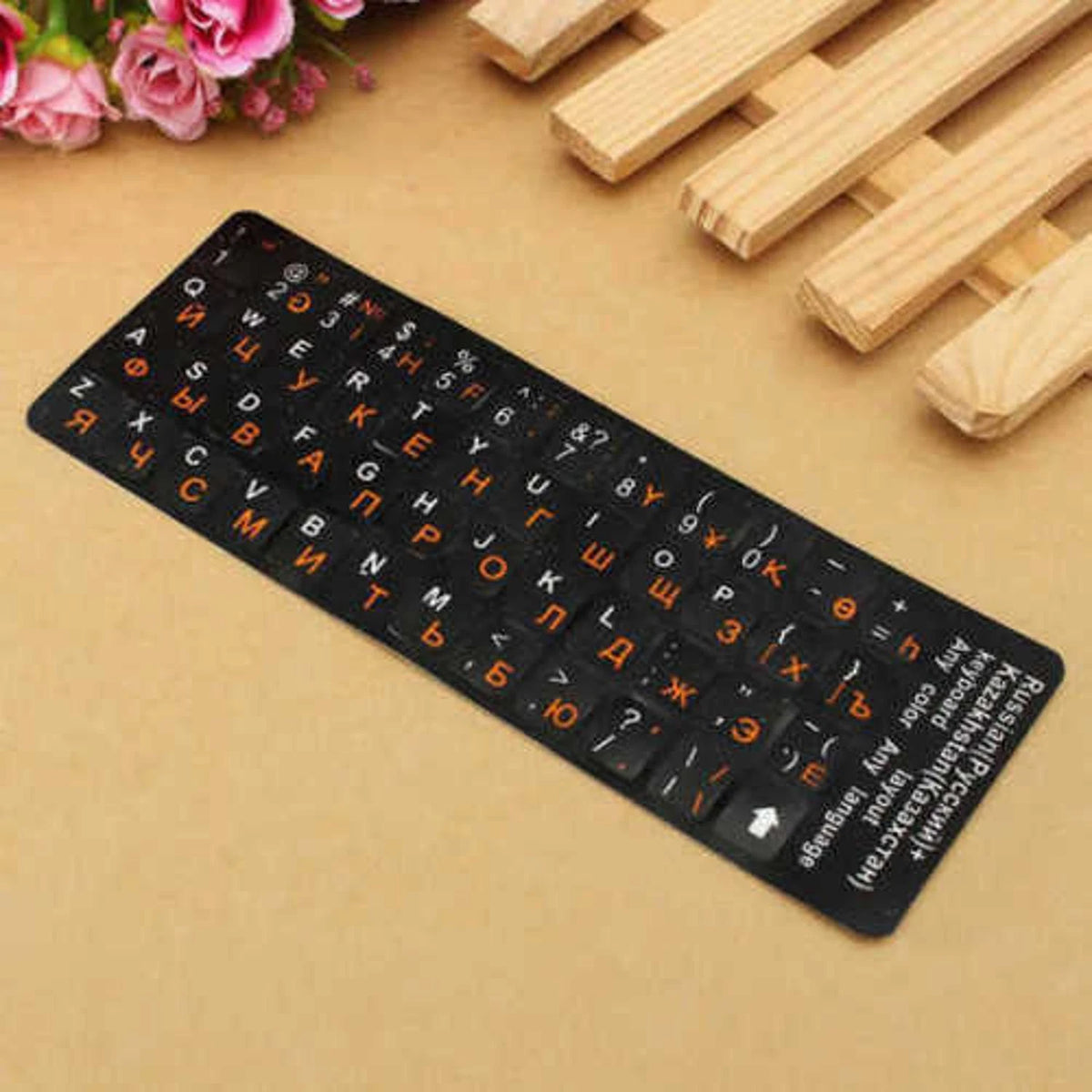 2Pcs Plastic Russian Standard Keyboard Layout Sticker Orange Letters on Black.