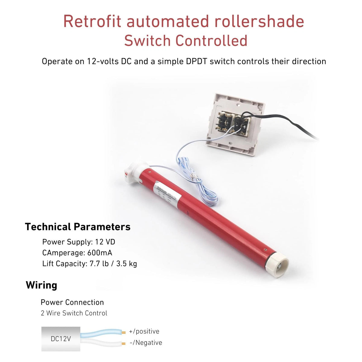 Rollerhouse 2 Wire Switch DC 12V Control, 1-3/16" Roller Tube, Red