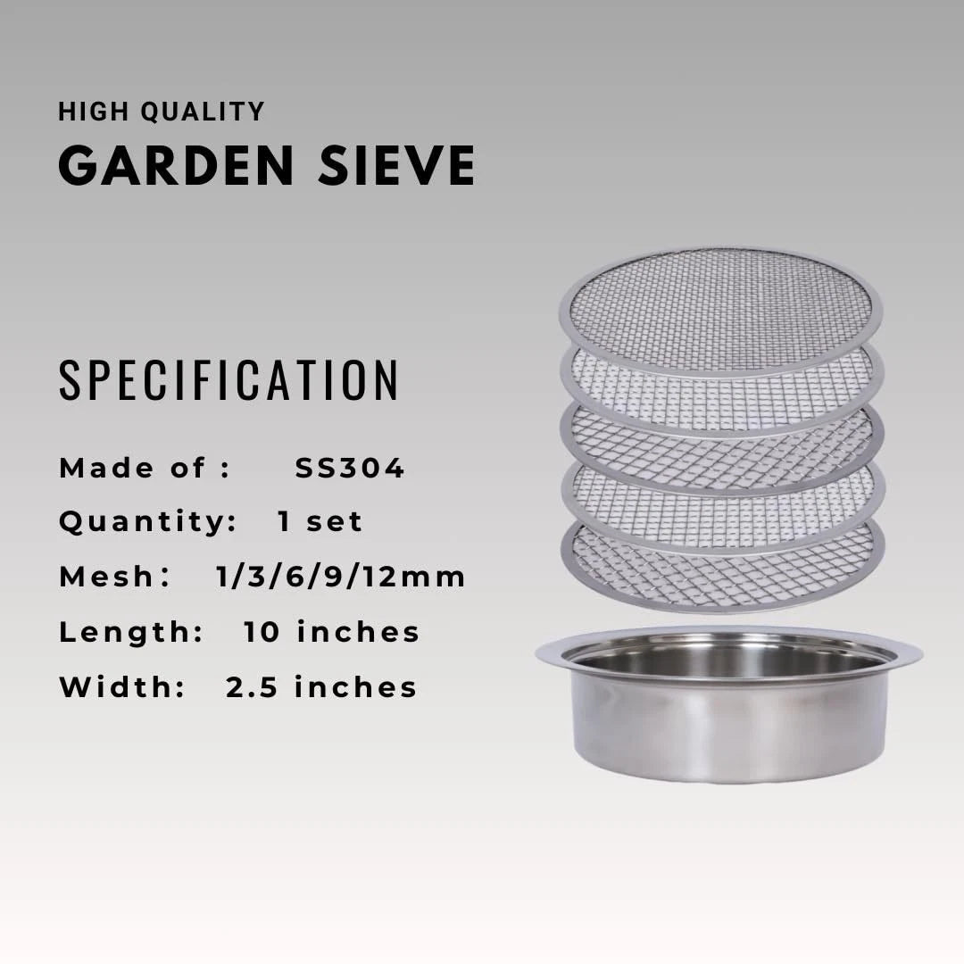 Soil Sifter Set for Garden with 5PCS Mesh(1,3,6,9,12mm) Sieve silver
