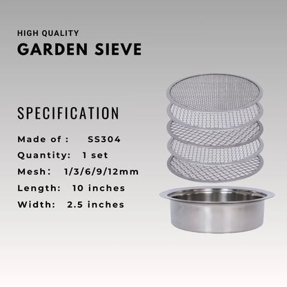 Soil Sifter Set for Garden with 5PCS Mesh(1,3,6,9,12mm) Sieve silver