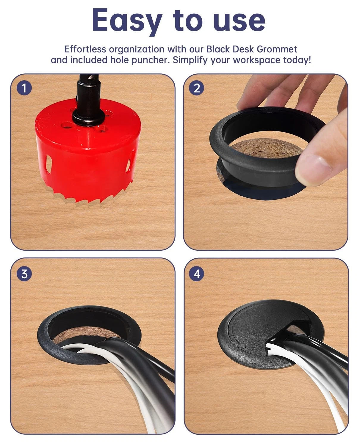 Desk Grommet & Cable 2 Inch (10 Pack) - Black 2 inch,