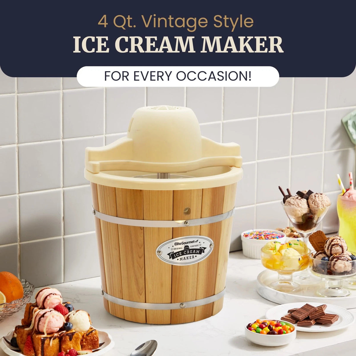 Elite Gourmet EIM-924L 4Qt Old Fashioned Wood Bucket Ice Cream 4 Quart,