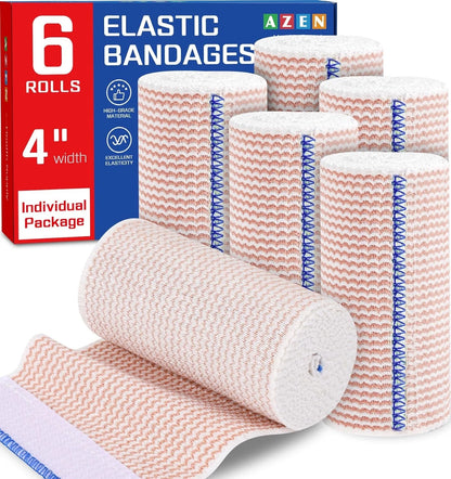 AZEN Premium 6 Pack Elastic Bandage Wrap 4 Inch, Compression 4 A-6p