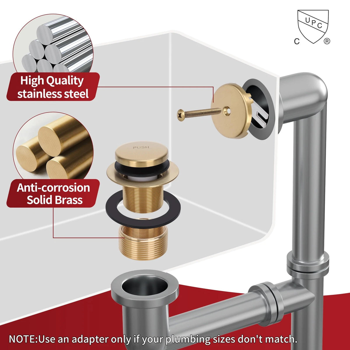 PRIMSOPH Tip-Toe Tub Drain Trim Kit with One Hole Overflow Brushed Gold