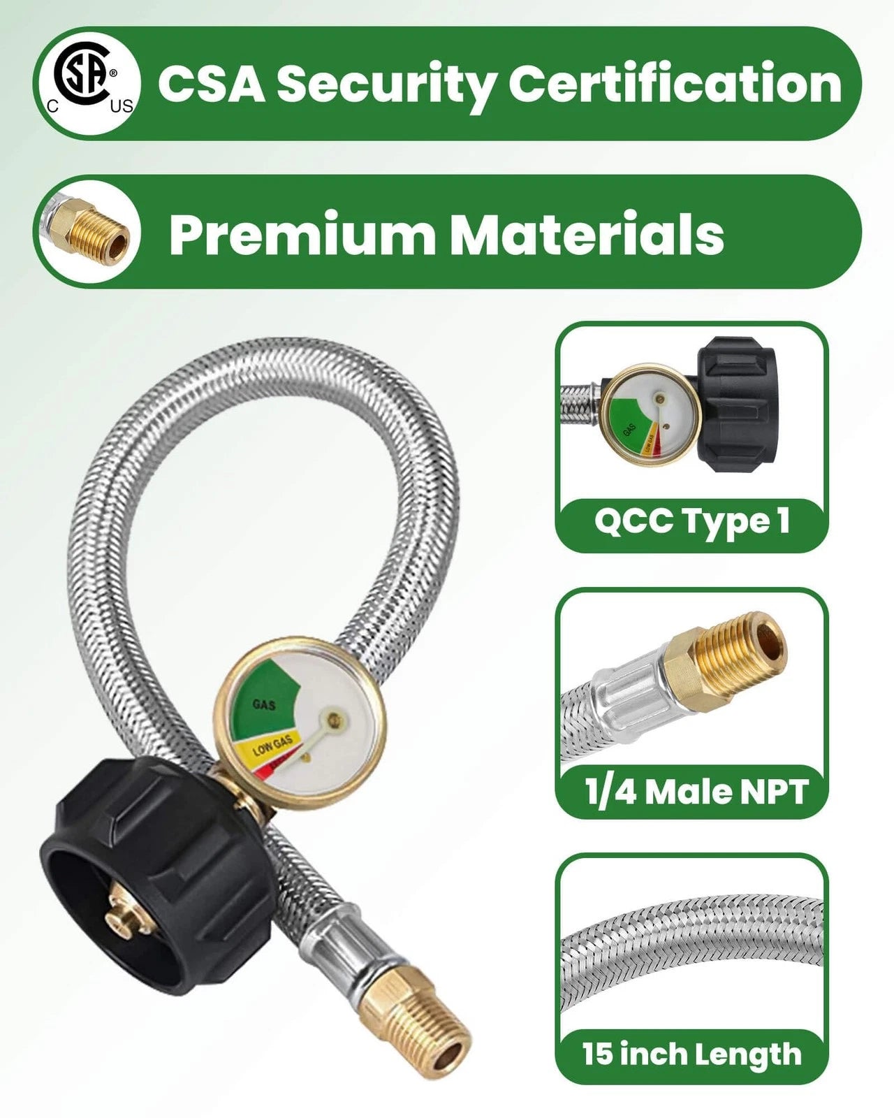 15-Inch RV Propane Tank Hose with Gauge, 15 inch rv propane hose, 15inch