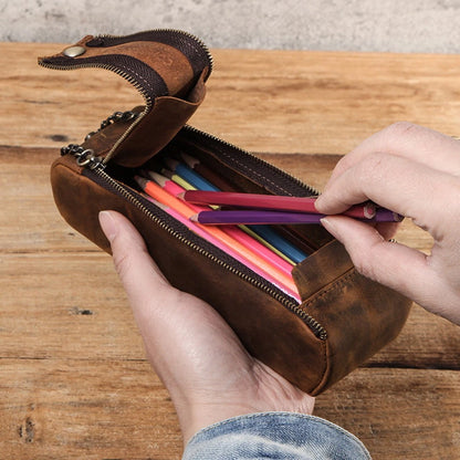 Leather Retro Style Cowhide Pen Case School Stationary Pen Pencil Pouch Bag