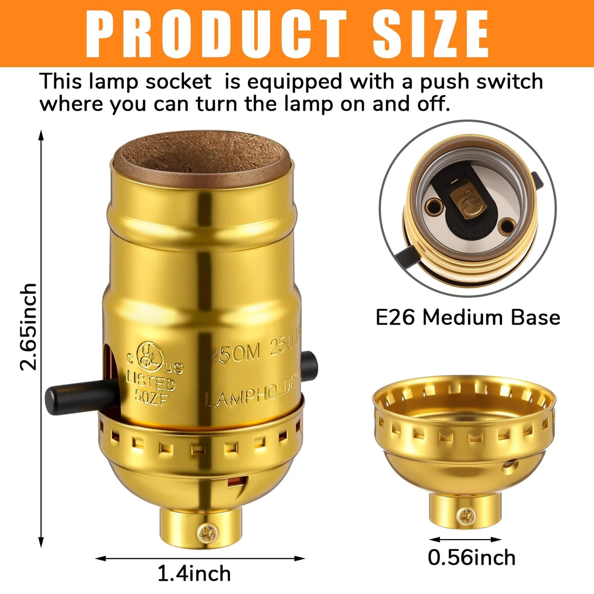 Saysurey 4 Pack UL Listed Lamp Socket with Push On/Off, E26 Threaded Gold
