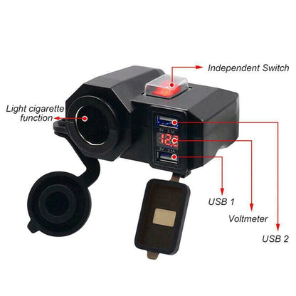 Motorcycle Cigarette Lighter 12V Dual USB Charger LED Digital Voltmeter Socket E