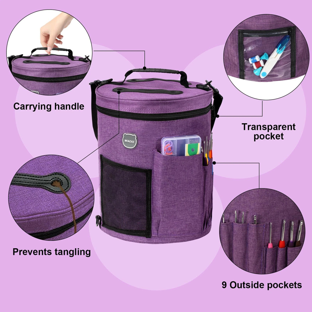 MIAOKE 79pc Crochet Kit, Large Knitting Bag Yarn Storage Large, purple