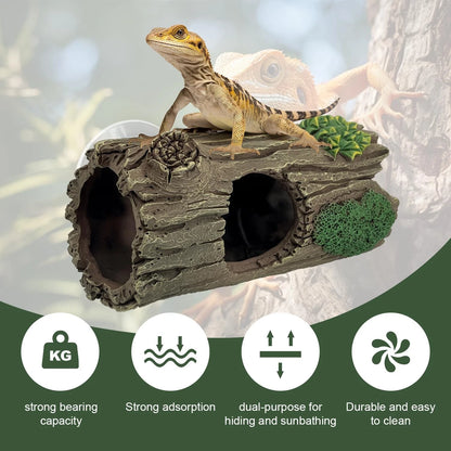Reptile Hide, Resin Hollow Log Cave with Two Strong Suction Cups,Gecko brown