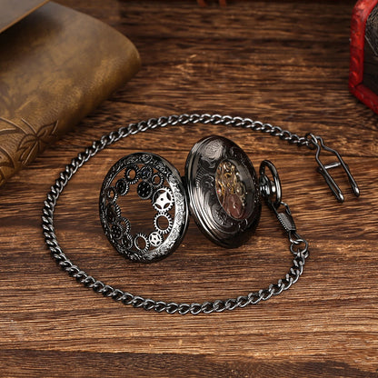 Mens Skeleton Mechanical Pocket Watch Hollow half Hunter Pocket Watch with Chain