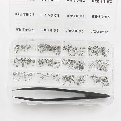 360Pcs 0.2mm Thick Assorted Watch Circlip E-Clips Snap Ring Latch Pusher+Tweezer