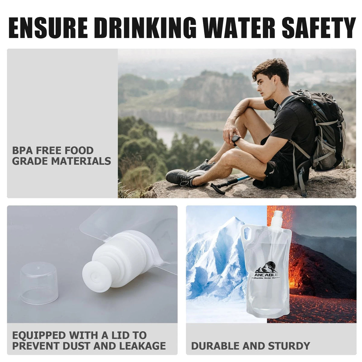 Ancable 33oz (1L) Collapsible Water Bottles, 3-Pack 33 Ounces, Clear x 3