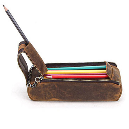 Leather Retro Style Cowhide Pen Case School Stationary Pen Pencil Pouch Bag