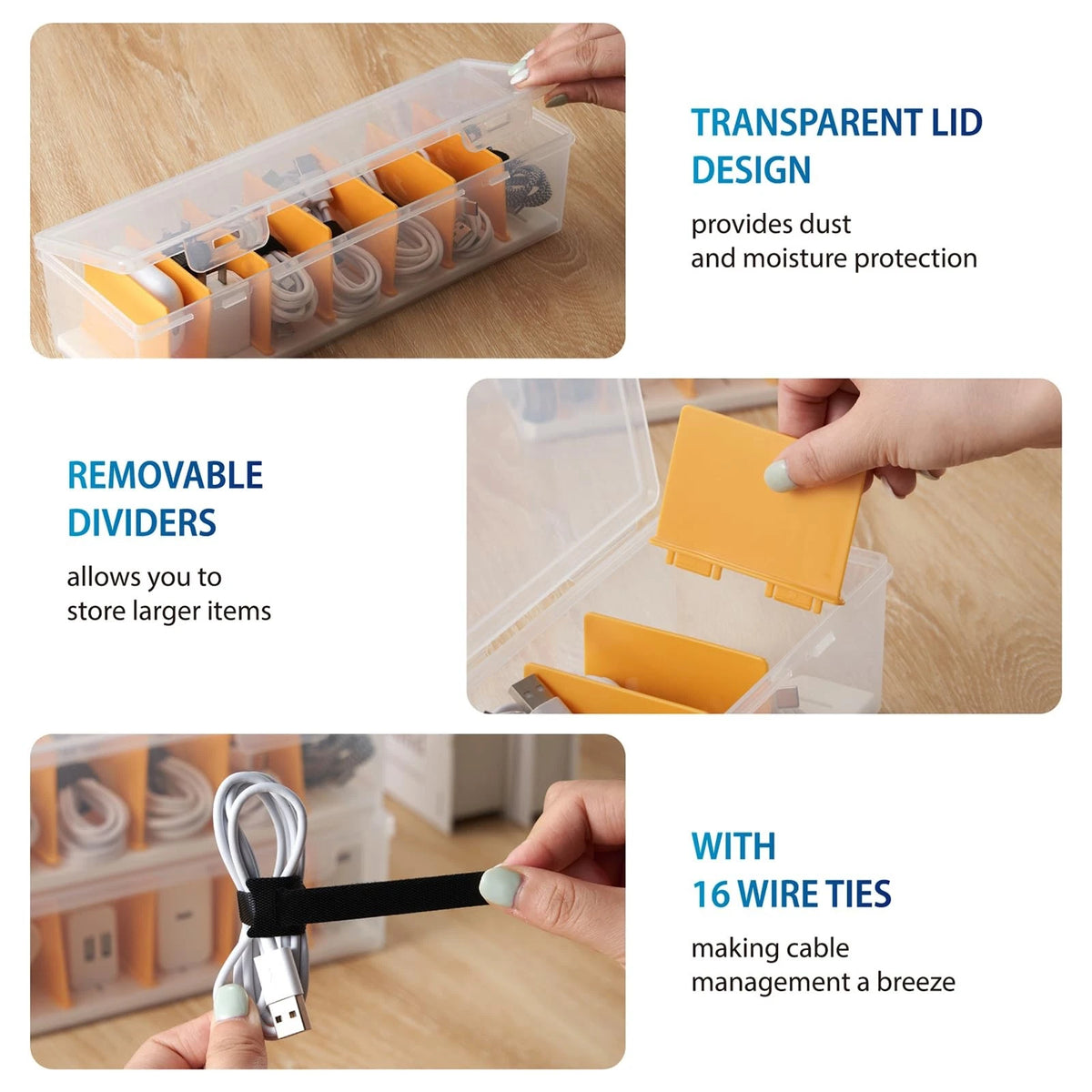 Fzooua 2 Pack Cable Organizer Storage Box with 16 2 PACK, Transparent