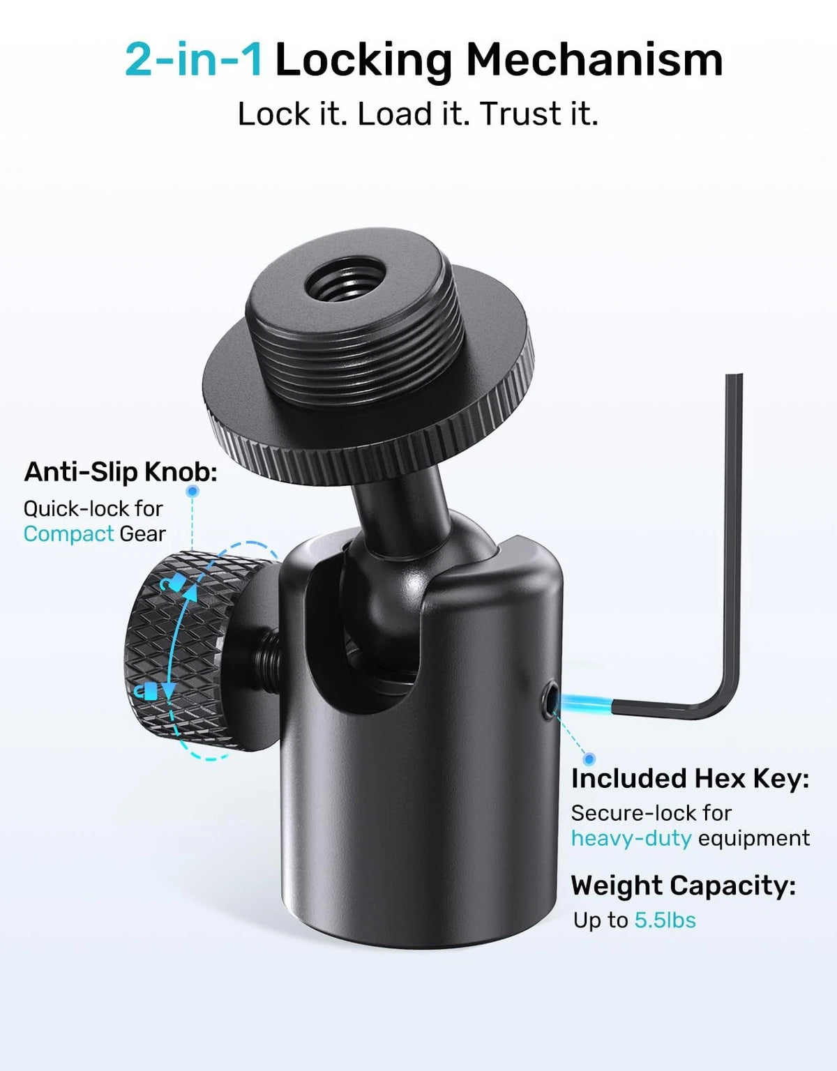 Etour Ball and Socket Head Microphone Adapter, All Metal, 180° & 360° Black