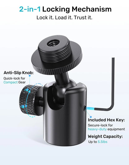 Etour Ball and Socket Head Microphone Adapter, All Metal, 180° & 360° Black