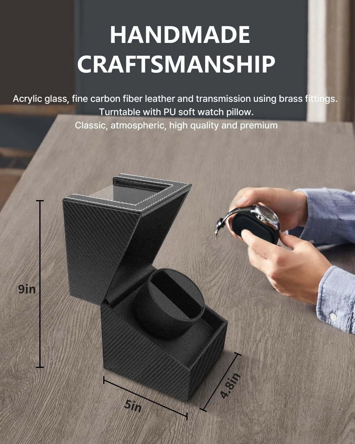 Watch Winder for Automatic Watches: Black Carbon Fiber Leather