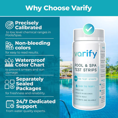 Varify 7 in 1 Pool and Spa Test Strips- Easy to Use Water Testing 100 Strips