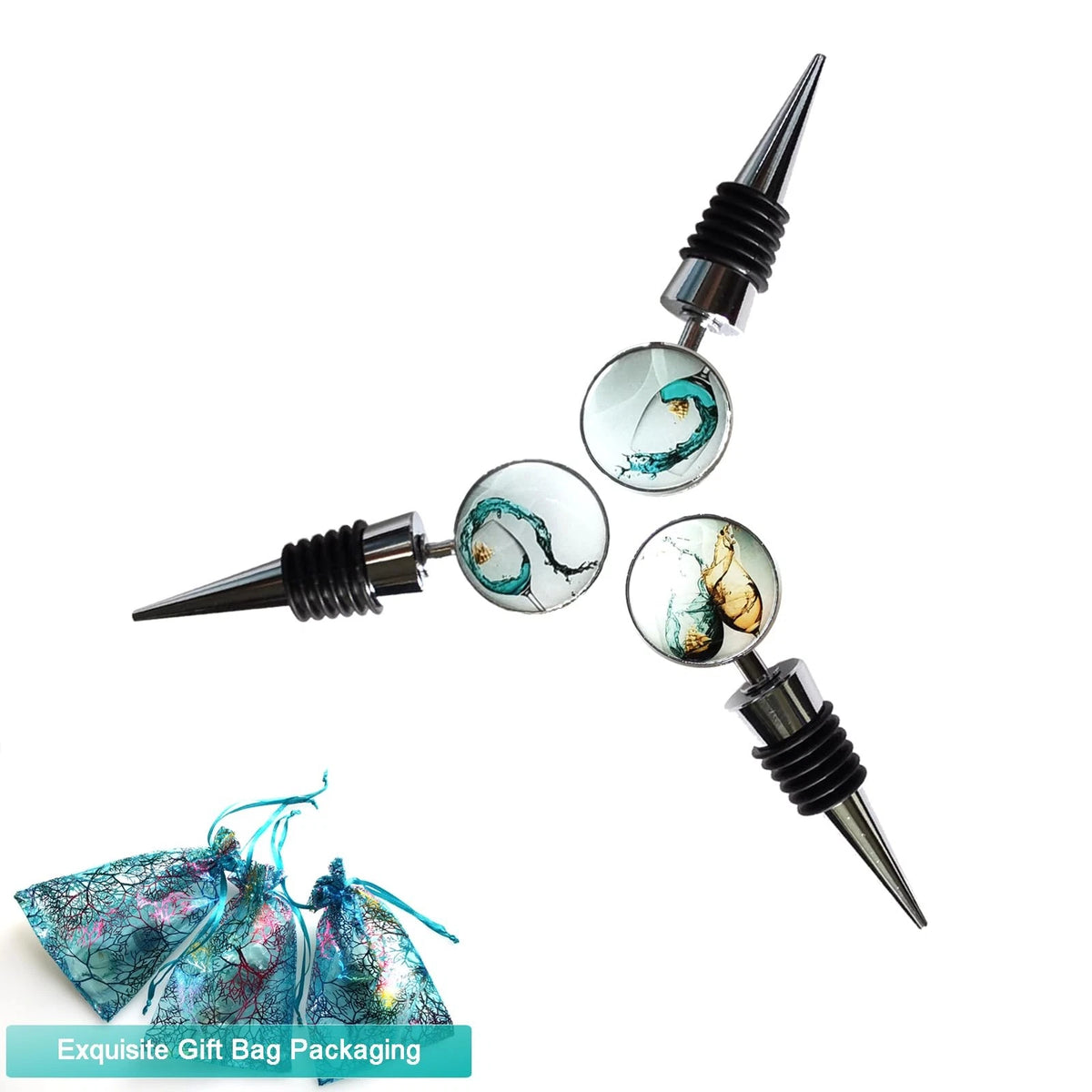 Lockban Wine Bottle Stoppers, Set of 3 Stainless Steel L, Green Glass