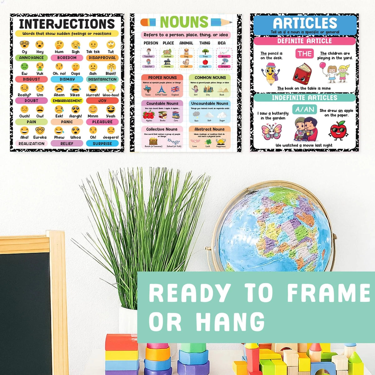 9 Pcs Parts Of Speech Posters For Classroom 11x14 inches, English Poster