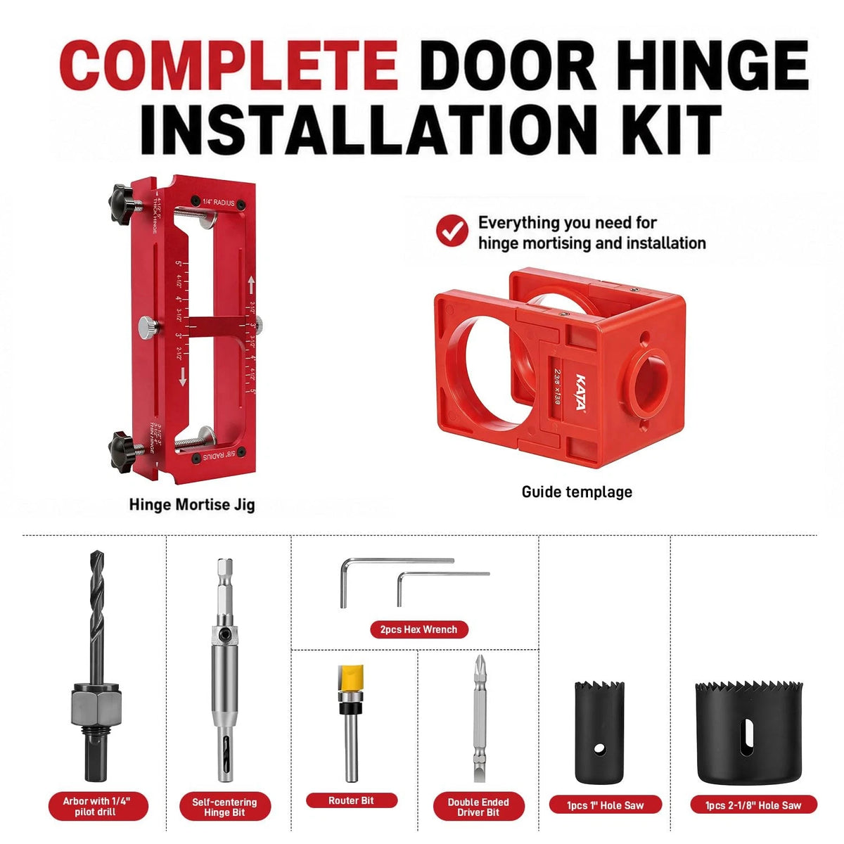 KATA Door Hinge Mortise Jig & Lock Installation Kit for 2.5"–5" Red