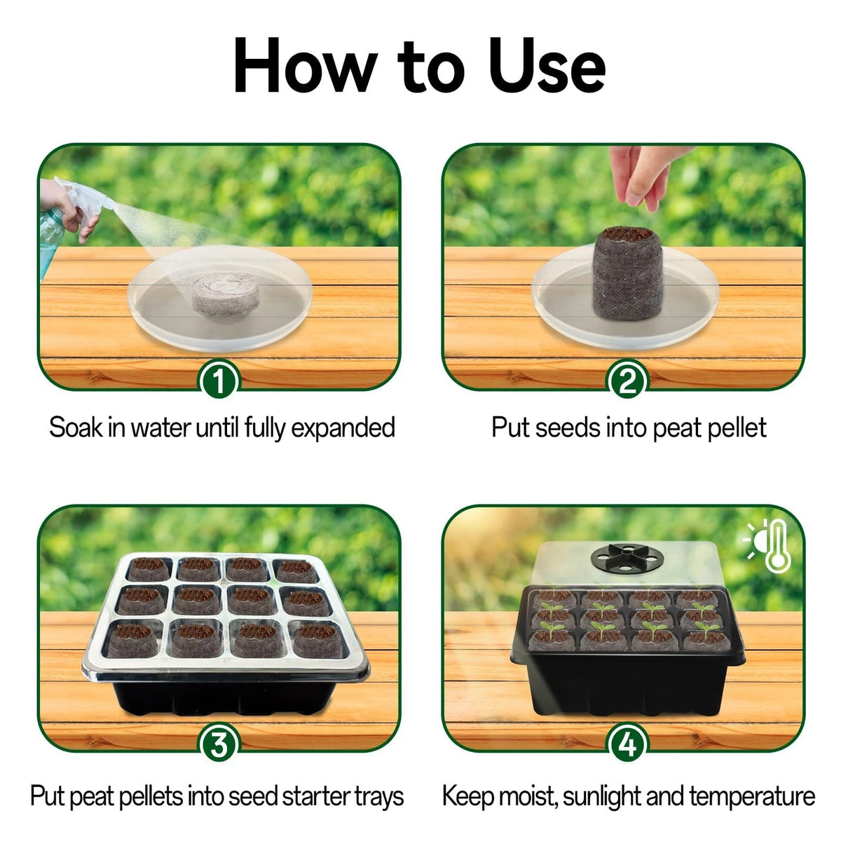 Halatool 4 Pack Seed Starter Tray with 50 PCS Peat 4 Set-black, Black