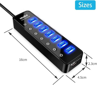 Powered USB Hub 3.0, Atolla 7-Port Data Splitter with One Smart black