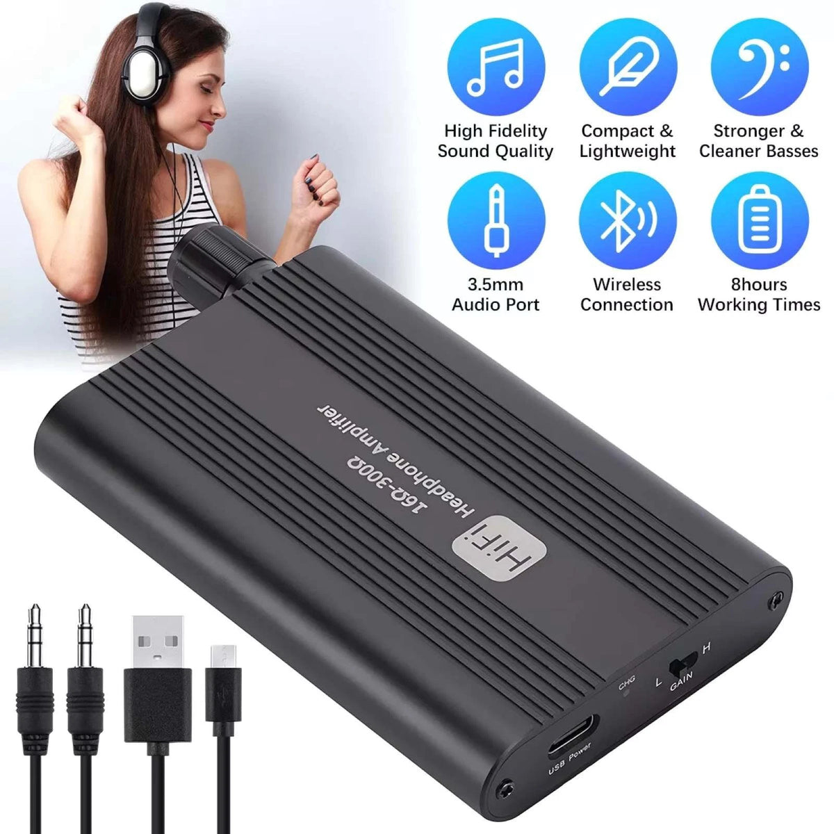16Ω-300Ω HIFI Headphone Amplifier 3.5mm AUX Audio w/ USB Cable Earphone AMP