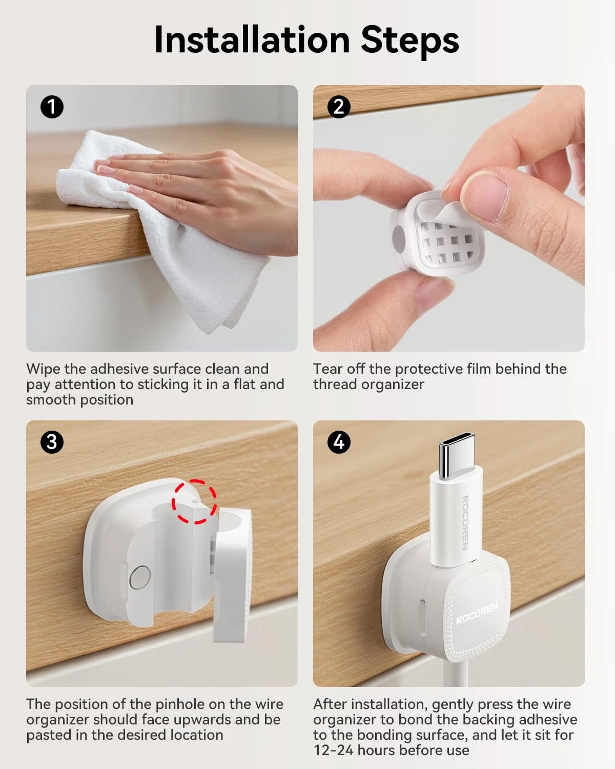 6-Pack Magnetic Cable Clips, Rocoren Smooth Adjustable 6Pack, 6-White